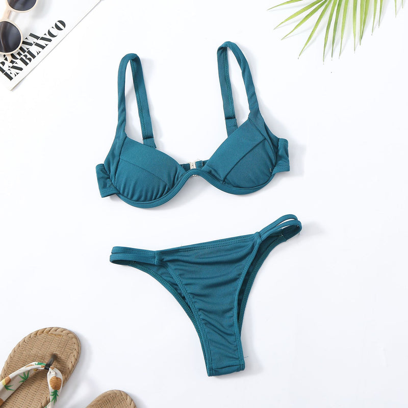 Sexy Solid Color Two-Piece Bikini with Steel Support & Side Cut-Outs