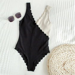 High-Cut Ruffled One-Piece Swimsuit in Black & Beige – Ribbed Women’s Swimwear