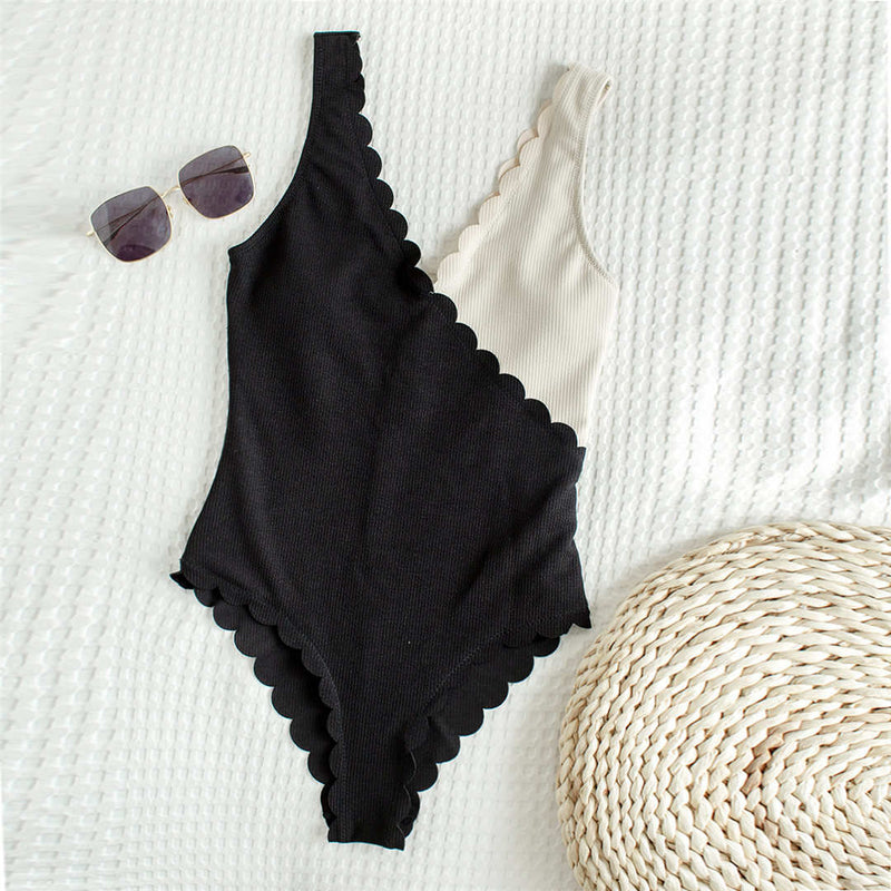 High-Cut Ruffled One-Piece Swimsuit in Black & Beige – Ribbed Women’s Swimwear