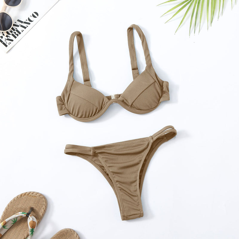 Sexy Solid Color Two-Piece Bikini with Steel Support & Side Cut-Outs
