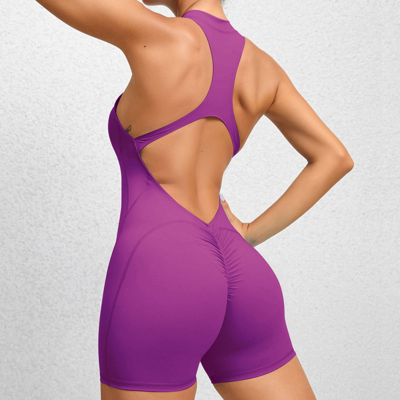 Zippered Yoga Fitness Shorts Jumpsuit