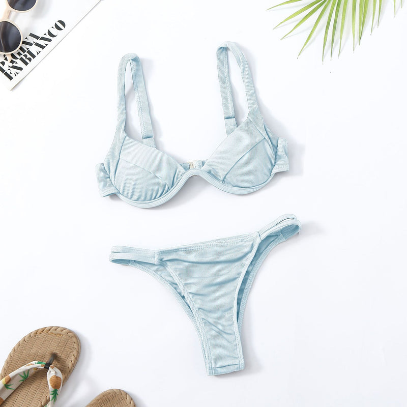 Sexy Solid Color Two-Piece Bikini with Steel Support & Side Cut-Outs